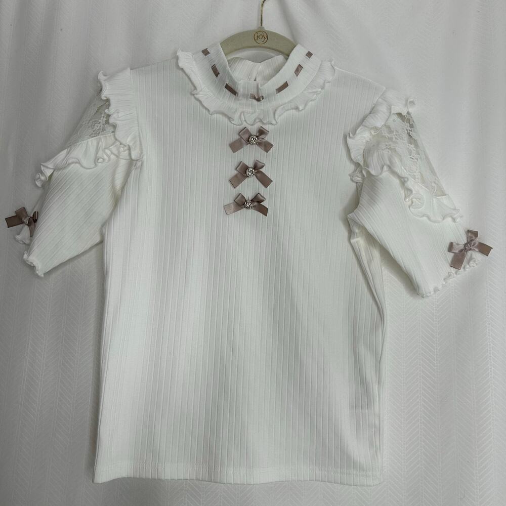 Noemie Kawaii blouse white pink bows romantic mock neck short sleeve